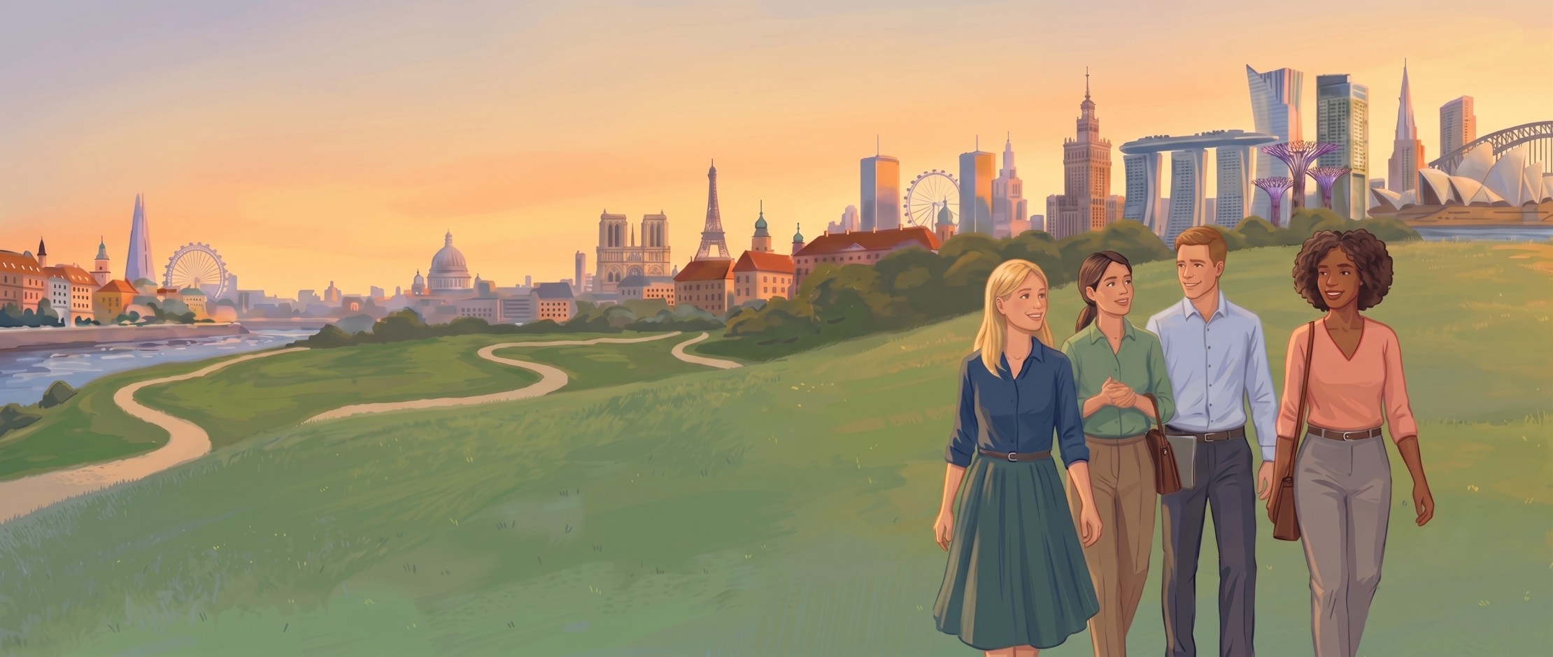 A diverse group of employees and a benefits consultant walking along the Warsaw riverbank at golden hour